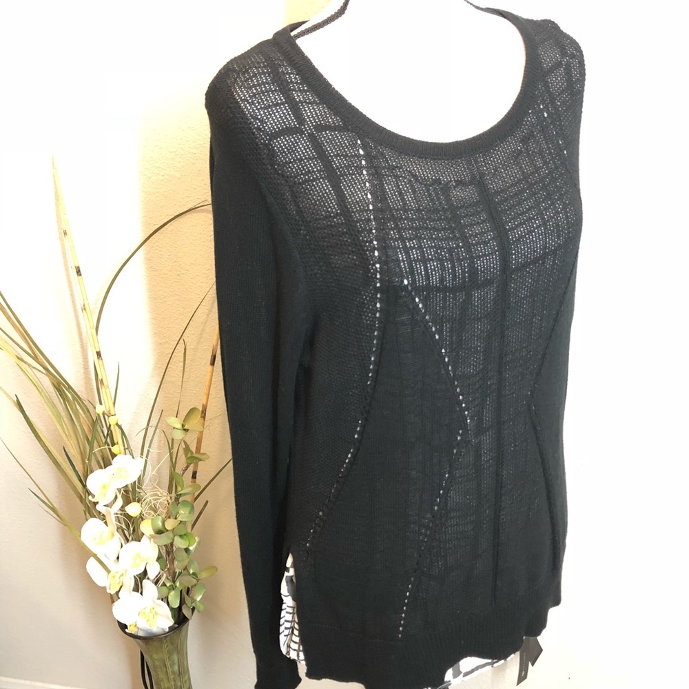 AB Studio Sheer Knit Blouse Long Sleeve Top with Underlay Shirt Size Large NEW